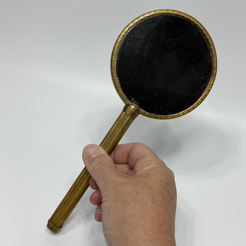 Vintage Round Brass Double Sided Hand Held Mirror Art Deco Floral Magnifying 9"